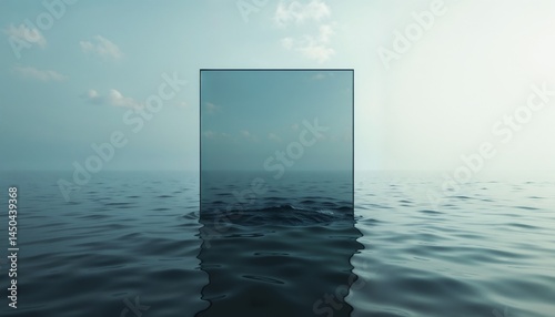 Abstract glass cube reflecting water in a serene ocean background  