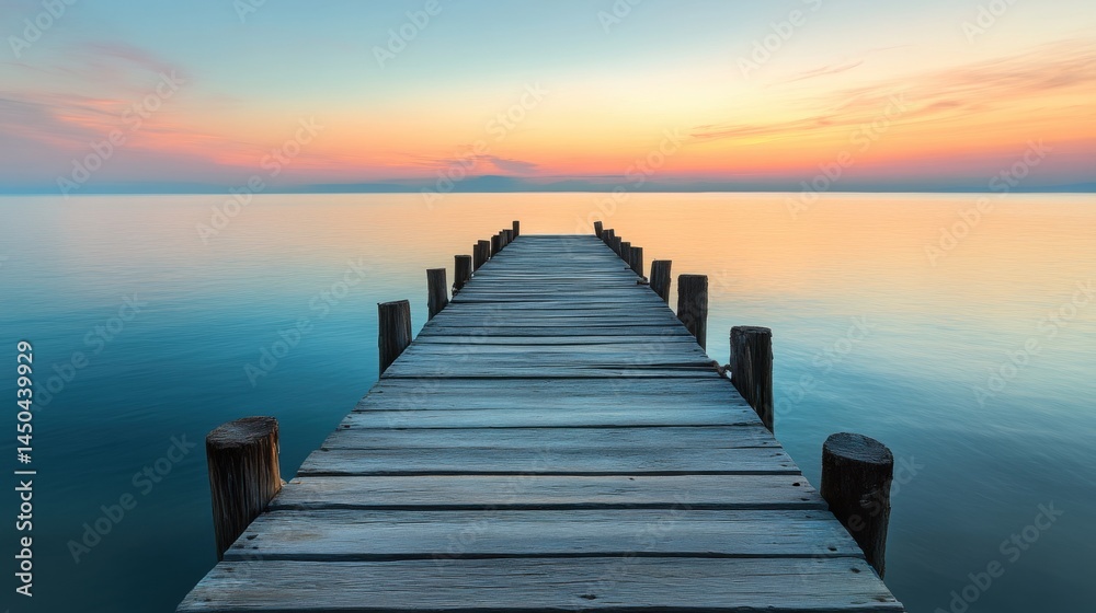 Fototapeta premium Serene wooden pier extending into tranquil sunrise ocean.