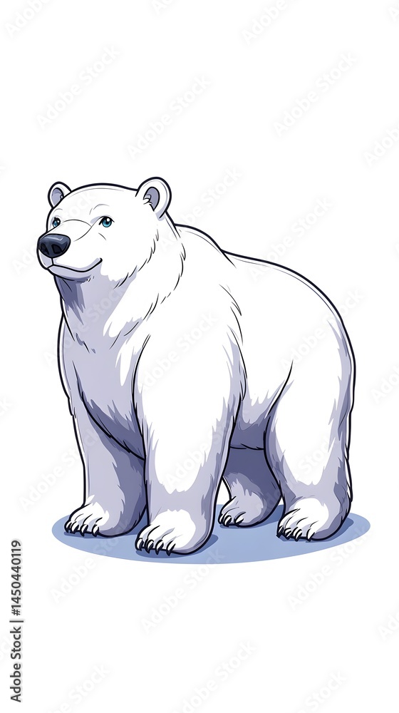 Fototapeta premium A white polar bear stands on a light blue background, smiling with blue eyes