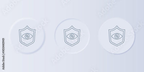 Grey Shield eye scan icon isolated on grey background. Scanning eye. Security check symbol. Cyber eye sign. Set icons in square buttons. Vector