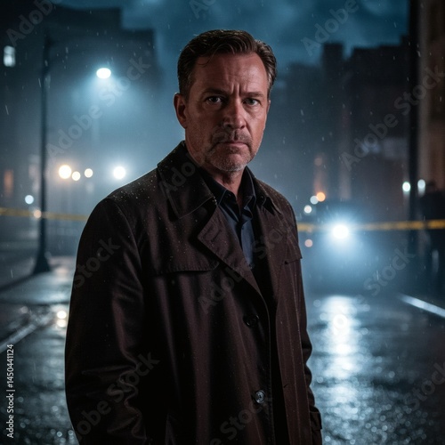 A detective stands in the rain on a city street, wearing a trench coat, looking directly at the camera.