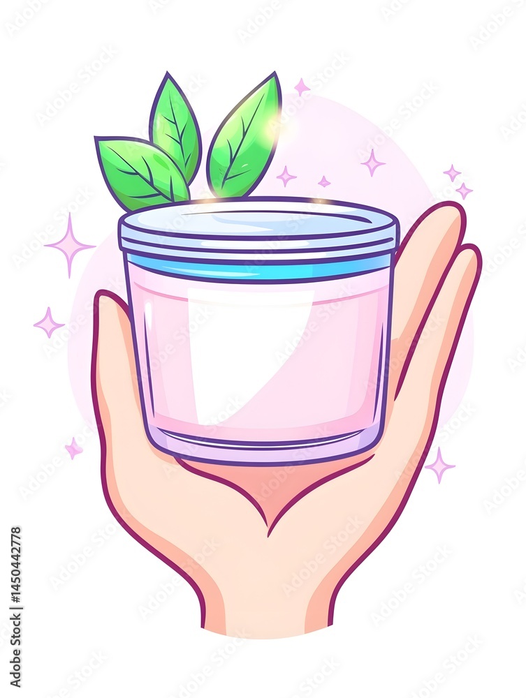Hand holding a jar of pink cream with green leaves, sparkling background Hand holding a jar of pink cream with green leaves, sparkling background