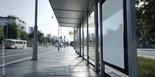 Empty city bus stop with blank billboard, ideal for mockups and advertising