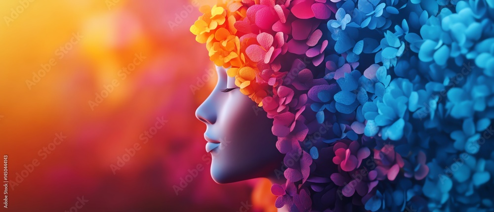 Serene woman, colorful flower crown, vibrant background.