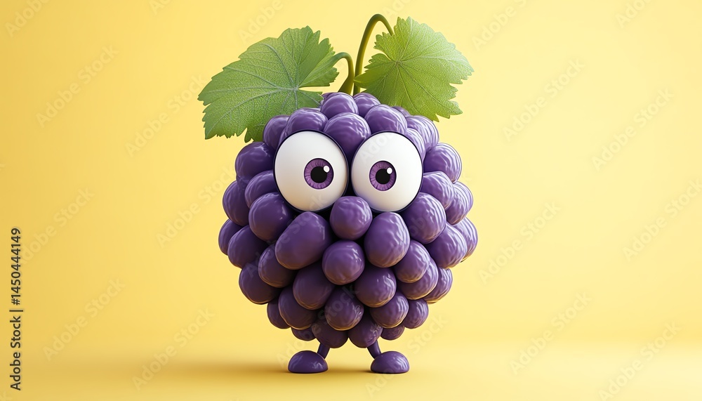Adorable cartoon grape with big eyes, smiling.