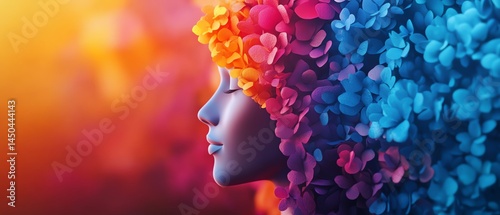 Obraz na płótnie Serene woman, colorful flower crown, vibrant background. w salonie