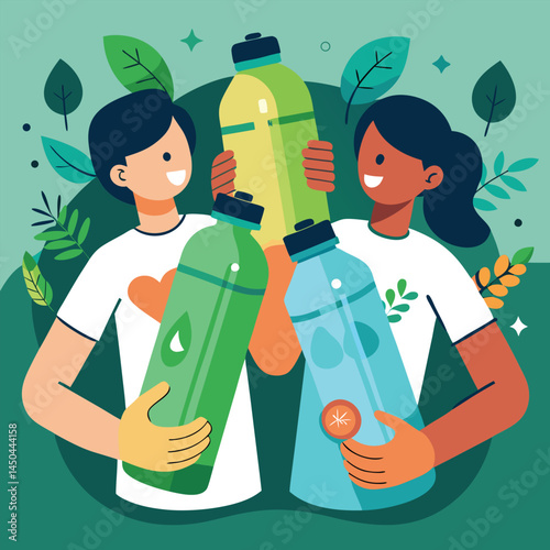 Eco friendly reusable water bottles in hands and alone, promoting sustainable lifestyle