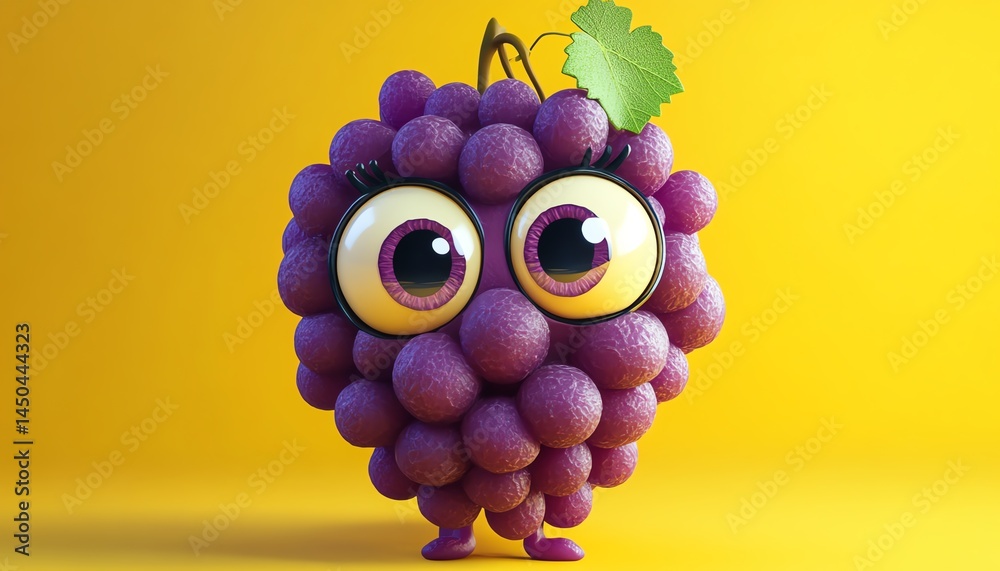 Cute cartoon grape character, big eyes, 3D render.