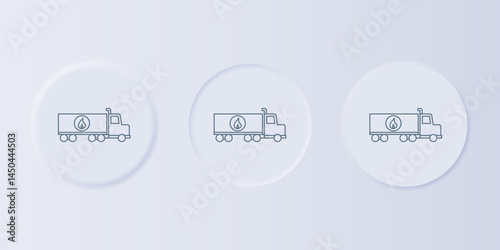Grey Tanker truck icon isolated on grey background. Petroleum tanker, petrol truck, cistern, oil trailer. Set icons in square buttons. Vector
