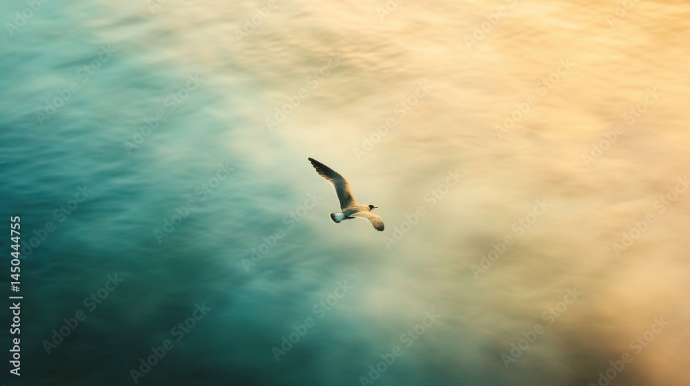 A solitary bird soars above a textured water surface. A solitary bird soars above a textured water surface.