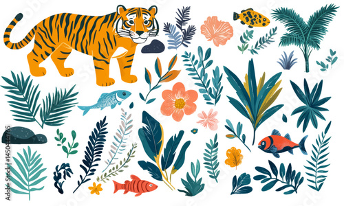 Retro hand drawn flat graphic doodle tropical summer nature and animals vector set. Tiger, monkey, rocks, fish, palm, leaf, flower.