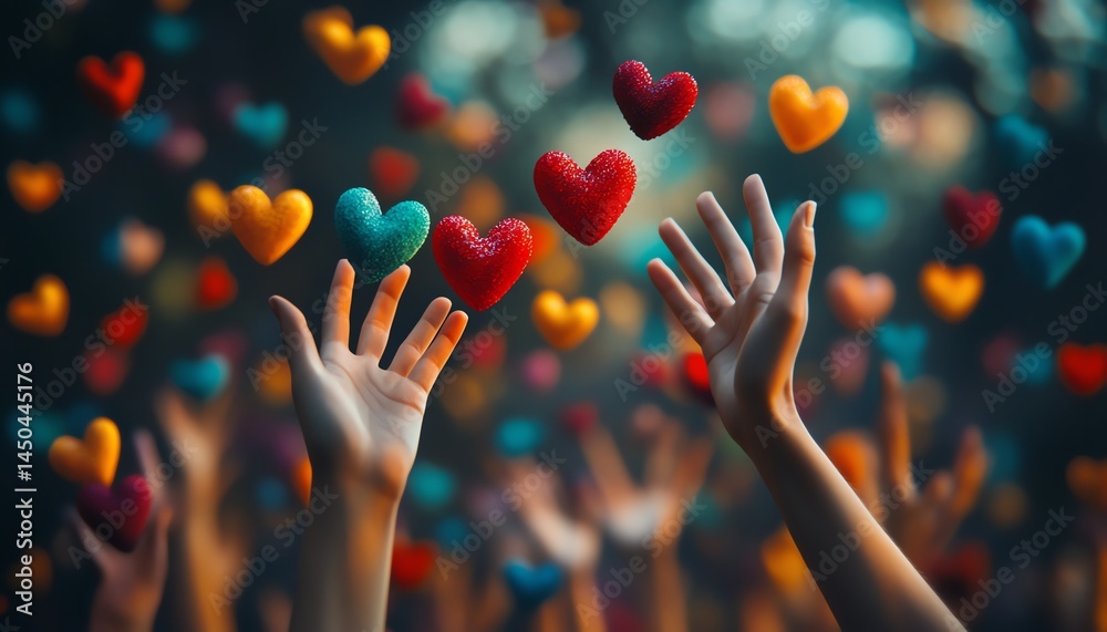 Hands reaching for floating colorful hearts, symbolizing friendship, humanitarian aid, and the power of collaboration, heartwarming charity concept, digital illustration, 4K