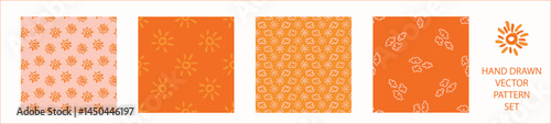 Vibrant fall cloud sunshine seamless nursery pattern set. Naive illustration of summer sky in hand drawn playful style for childrens nursery backdrops, wallpaper. 