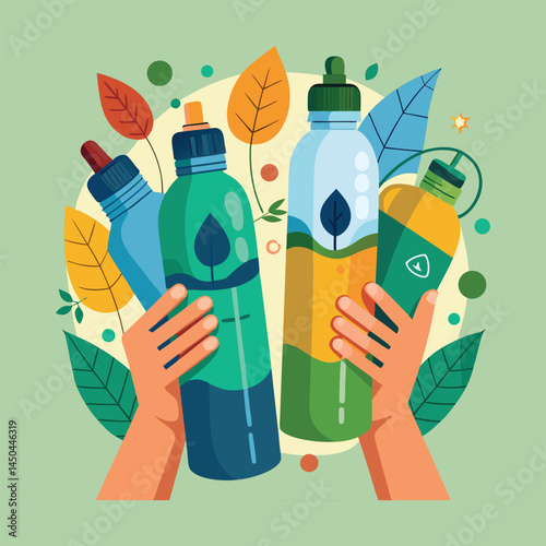 Eco friendly reusable water bottles in hands and alone, promoting sustainable lifestyle
