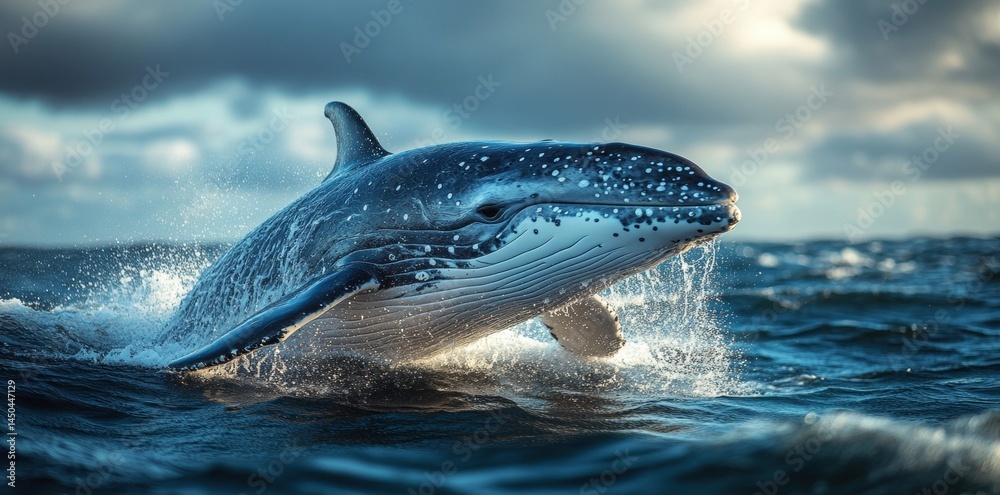 Fototapeta premium Whale Breaching in Ocean Waters Marine Life Action Nature Dramatic Seascape Viewpoint