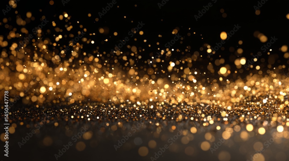 Festive golden glitter sparkles on dark background creating magical effect Festive golden glitter sparkles on dark background creating magical effect