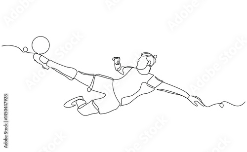 Continuous line drawing of football player kicking ball. Single one line art of young man soccer player dribbling and juggling ball. Editable stroke vector illustration