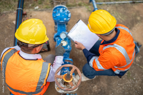 Two maintenance workers are checking water meters and inspecting the condition of water taps and valves