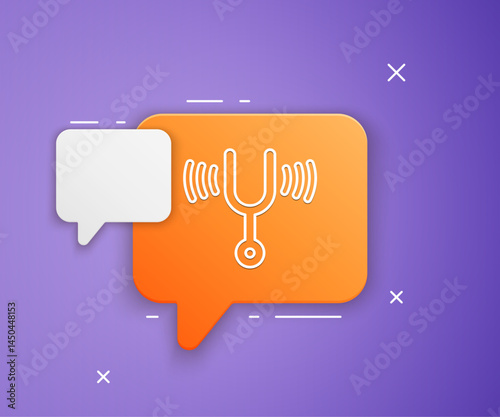 White Musical tuning fork for tuning musical instruments icon isolated on purple background. Orange speech bubble symbol. Vector