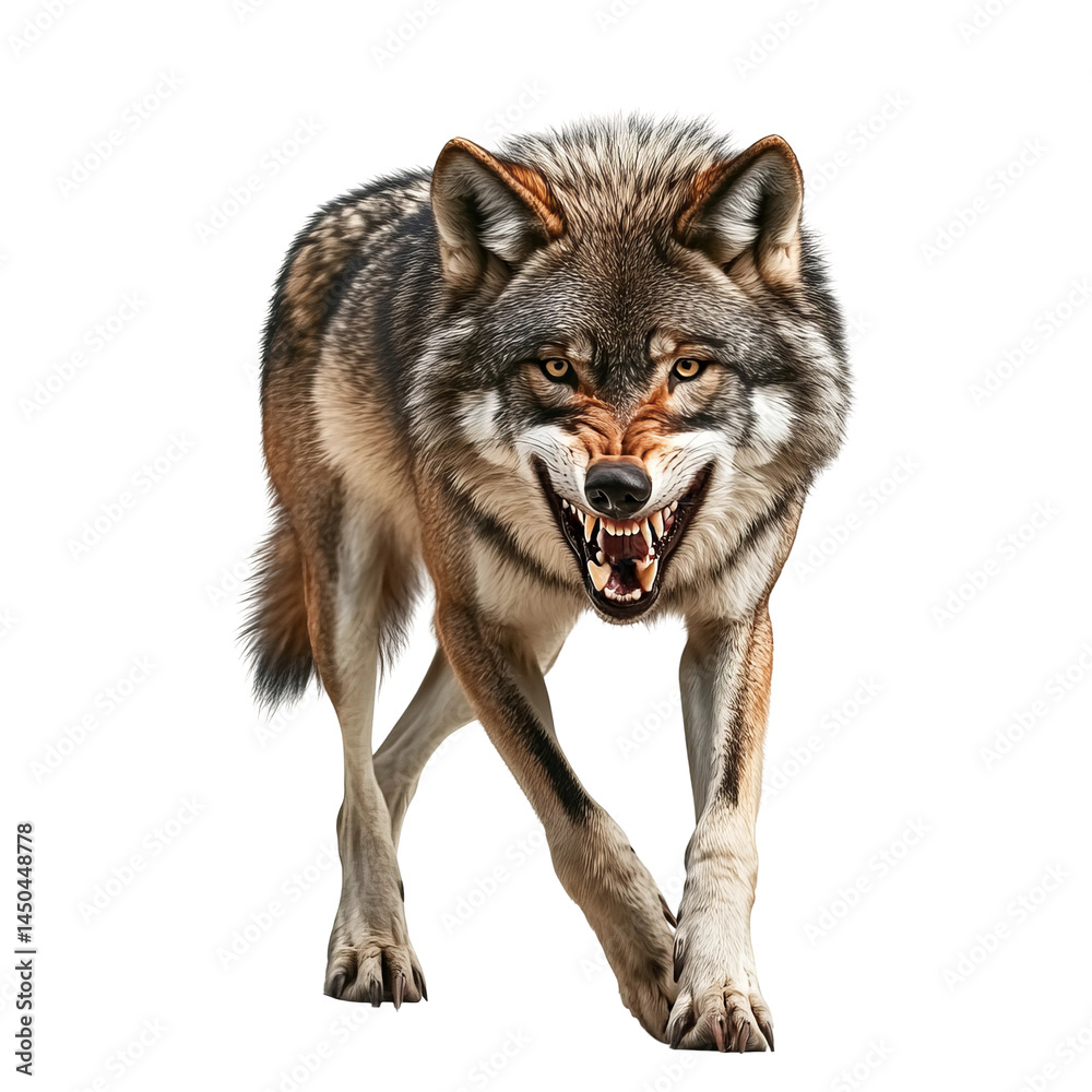 Obraz premium A majestic wolf with an intimidating snarl, walking towards the viewer