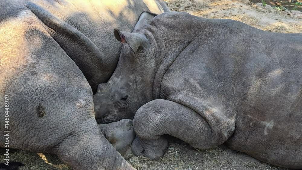 Baby white rhino and its mother resting. Baby rhino sleeping near his mother. Close-up. Baby white rhino and its mother resting. Baby rhino sleeping near his mother. Close-up.