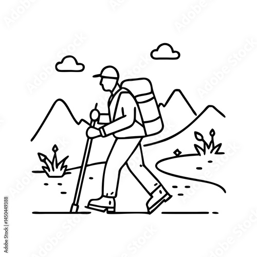 solo hiker walking icon, solo hiker walking line art - simple line art of solo hiker walking, perfect for solo hiker walking logos and icons