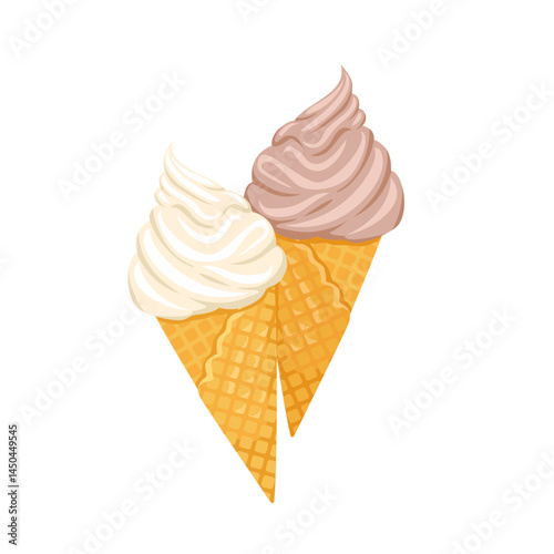 Soft serve vanilla ice cream and chocolate ice cream in waffle cone. Vector cartoon flat illustration.