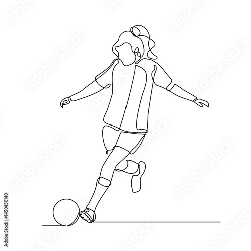 Continuous line drawing of football player kicking ball. Single one line art of young woman soccer player dribbling and juggling ball. Editable stroke vector illustration