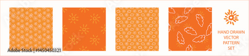 Vibrant fall cloud sunshine seamless nursery pattern set. Naive illustration of summer sky in hand drawn playful style for childrens nursery backdrops, wallpaper. 