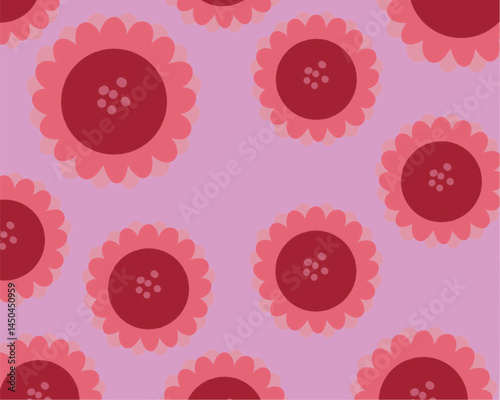 A pattern featuring pink flowers with red centers on a light pink background