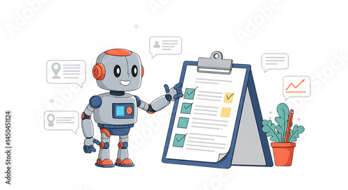 Friendly Robot Presenting Checklist with Data Insights and Growth Chart