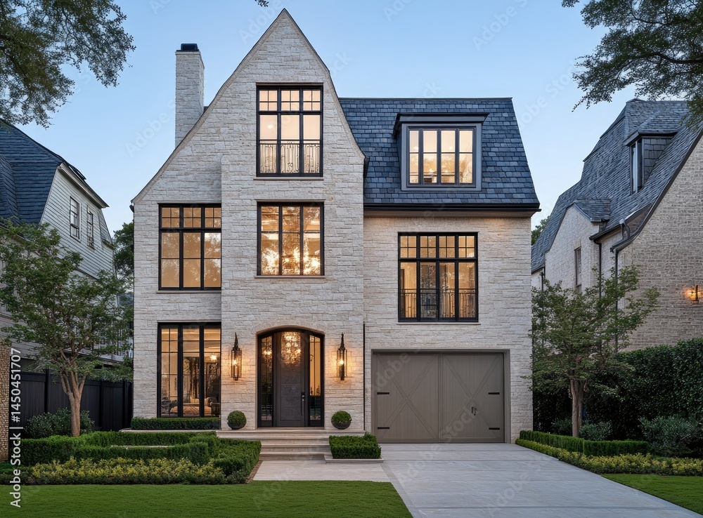Elegant light beige brick house with dark windows and a modern design, nestled amongst other homes.  Landscaped yard with manicured shrubs and trees