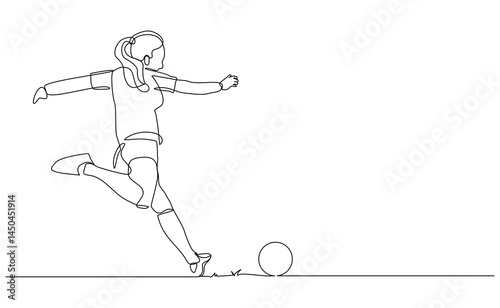 Continuous line drawing of football player kicking ball. Single one line art of young woman soccer player dribbling and juggling ball. Editable stroke vector illustration