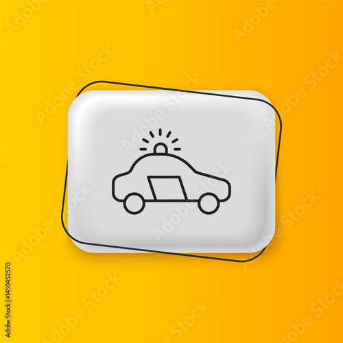 Black Police car and police flasher icon isolated on yellow background. Emergency flashing siren. Silver rectangle button. Vector