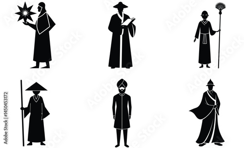 World Religion Followers Silhouette Vector Set – Shinto, Taoist, Confucian, Sikh, Jain, Baha'i People Clipart Collection
