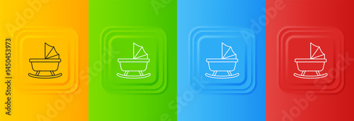White Baby stroller icon isolated on colorful background. Baby carriage, buggy, pram, stroller, wheel. Set icons in square buttons. Vector