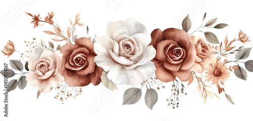 Fototapeta Naklejka Na Ścianę i Meble -  Elegant watercolor rose bouquet in muted terracotta and cream tones