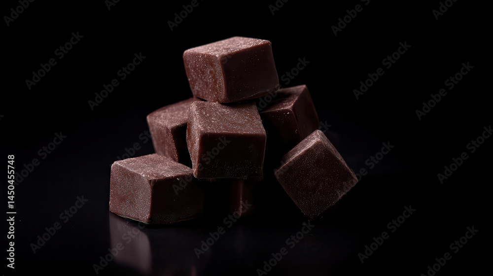 Rich chocolate cubes on reflective black surface create tempting display Rich chocolate cubes on reflective black surface create tempting display