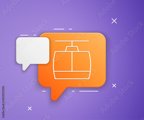 White Cable car icon isolated on purple background. Funicular sign. Orange speech bubble symbol. Vector