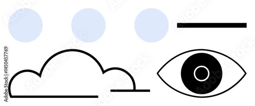 Cloud with soft lines, eye with circular pupil, three floating dots, and a horizontal line. Ideal for creativity, imagination, vision, simplicity, abstract thinking design concepts simple landing