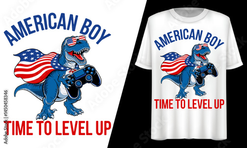American Boy Gamer Dinosaur, Time To Level Up, T-Shirt Design.