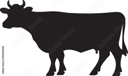 Black and white vector illustration features a silhouette of a cow ,farm animals and cattle icons