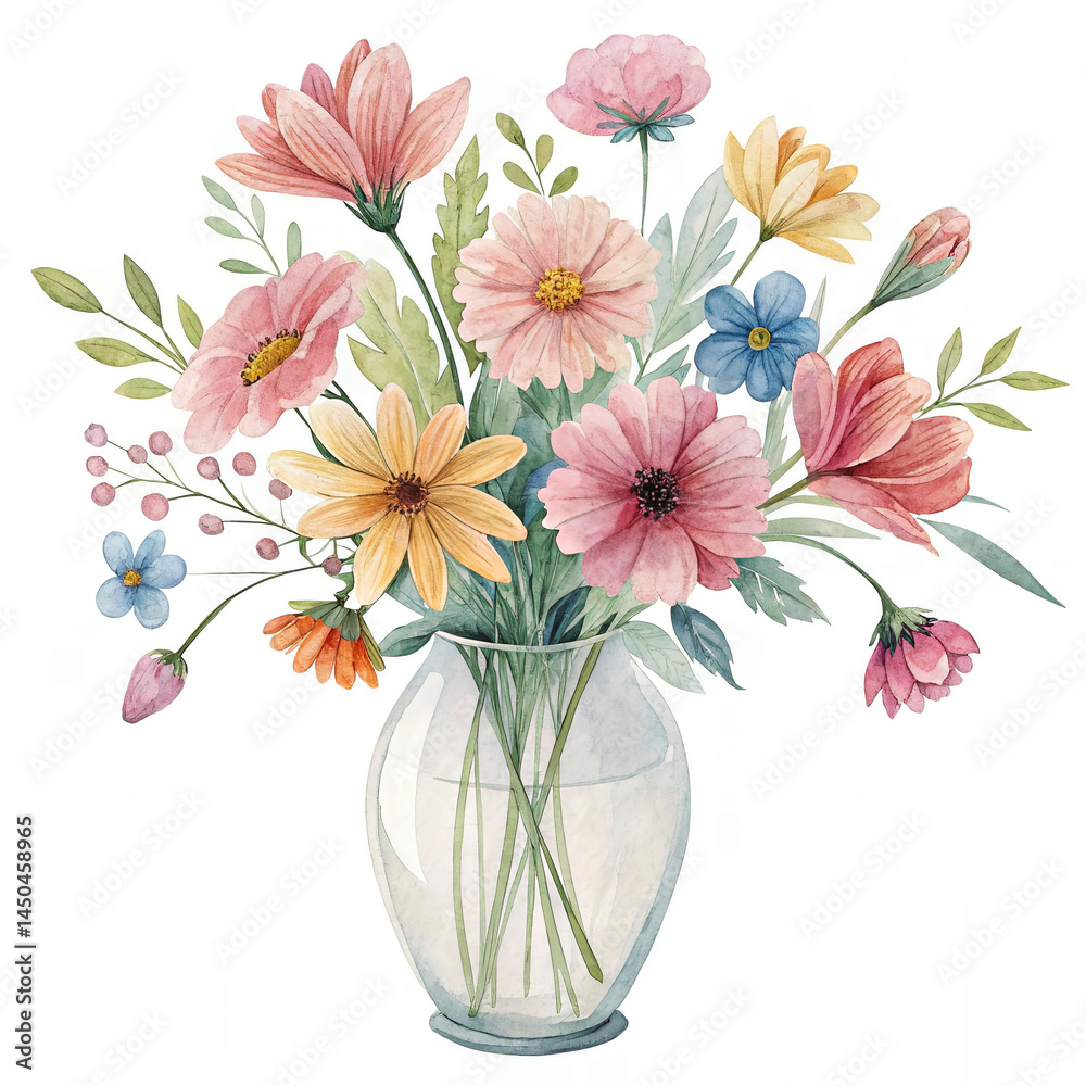 Obraz premium a vase with flowers watercolor hand paint on a solid white background