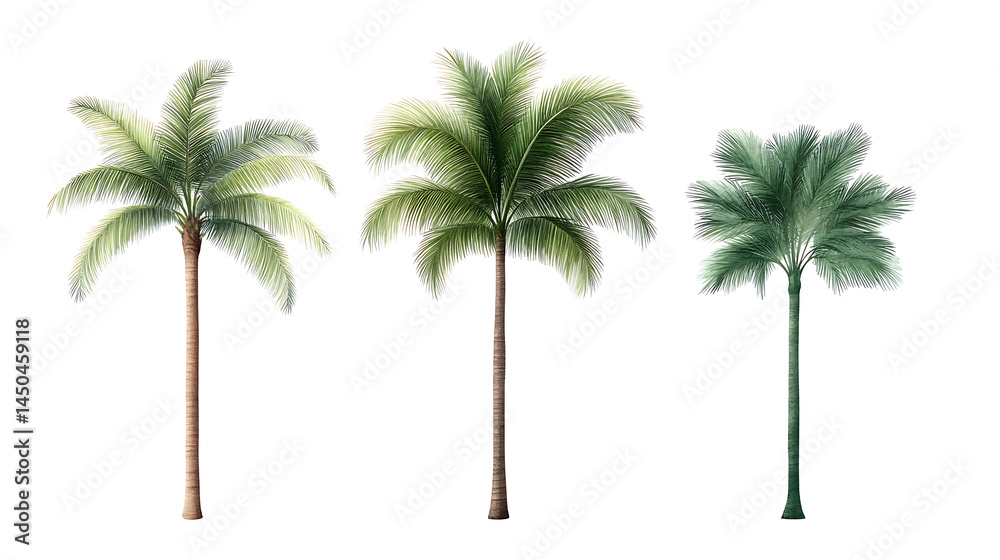 Obraz premium Set Palm tree, tropical plants on isolated white background, Hand drawn leaves. Watercolor botanical illustration.