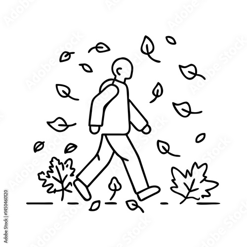 walking through autumn leaves icon, walking through autumn leaves line art - simple line art of walking through autumn leaves, perfect for walking through autumn leaves logos and icons