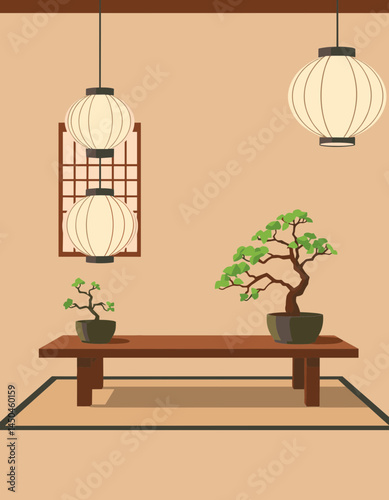 Serene Bonsai Sanctuary: A tranquil scene featuring elegant bonsai trees gracefully placed on a wooden table.