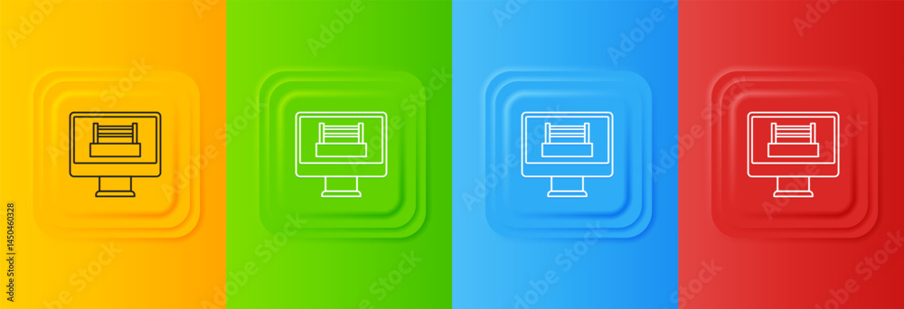 White Boxing ring show at television screen monitor icon isolated on colorful background. Set icons in square buttons. Vector White Boxing ring show at television screen monitor icon isolated on colorful background. Set icons in square buttons. Vector