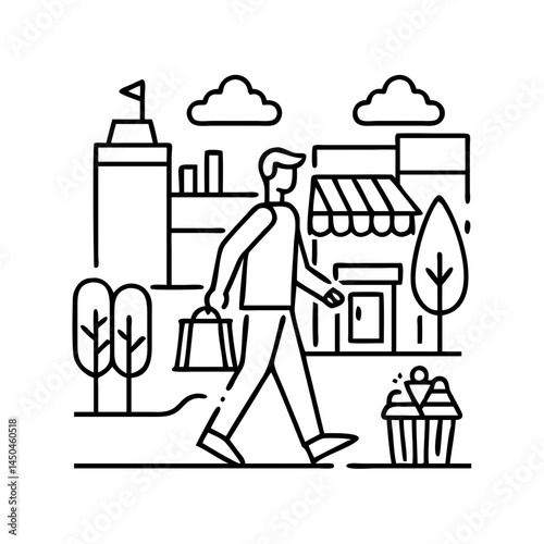 walking through shopping district icon, walking through shopping district line art - simple line art of walking through shopping district, perfect for walking through shopping district logos and icons