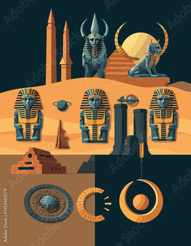 Mysteries of the Pharaohs: A vibrant illustration capturing the rich symbolism and enigmatic beauty of ancient Egypt. Featuring pharaohs, pyramids, and sacred artifacts.