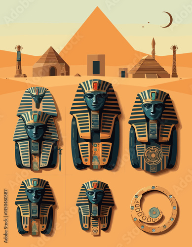 Ancient Legacy: A stylized illustration capturing the timeless grandeur of ancient Egypt, featuring iconic pharaoh masks set against a backdrop of pyramids and desert.
